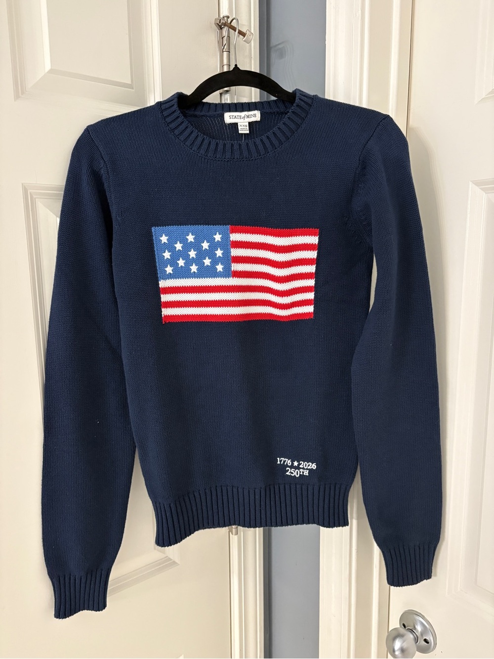 100% cotton State of Mind Navy Crewneck Sweater with Red, White & Blue Flag